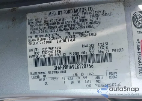 2012 Ford Fusion Se z USA, uszkodzony, nr VIN 3FAHP0HA9CR120756